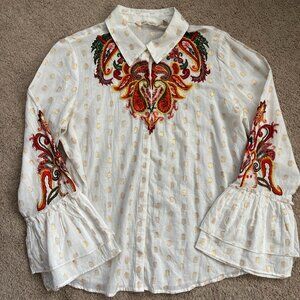 Soft Surroundings Shirt Womens M White Embroidered Paisley Boho Bell Sleeve Top